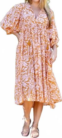 Dolma Mylah Block Printed Midi Dress In Mustard