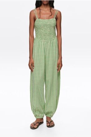 Bimba & Lola Checked Gathered Balloon Jumpsuit in Green at Nordstrom, Size Medium
