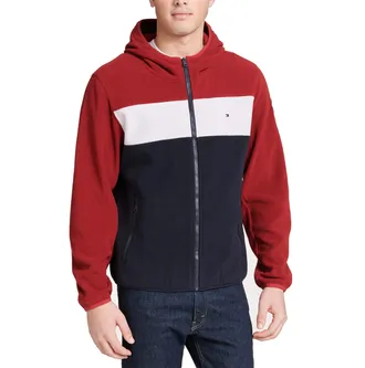 Tommy Hilfiger Mens Hooded Polar Fleece Jacket, Red/Ice/Navy, XXL