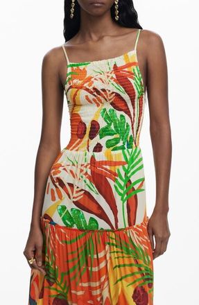 Desigual Smocked Bodice Tiered Maxi Cover-Up Sundress in Orange Multi at Nordstrom, Size X-Small