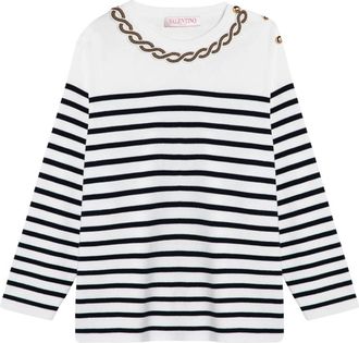 Valentino Garavani Ivoor/marine gestreepte jersey met borduursel - Dames - Ronde hals truien - Veelkleurig - S - Truien & Vesten