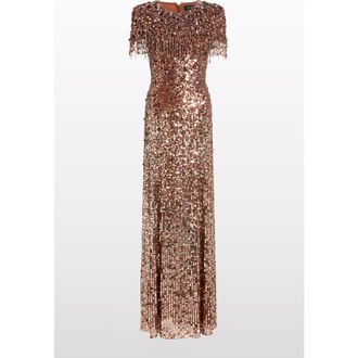 Jenny Packham Eugenie Sequin Fringed Maxi Dress in Bronze at Nordstrom, Size 12 Uk