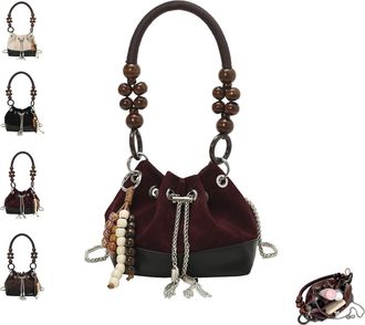 Generic Suede Beaded Drawstring Bucket Bag, Suede Beaded Drawstring Shoulder Purse, Lightweight Shoulder Purse for Women(A02)