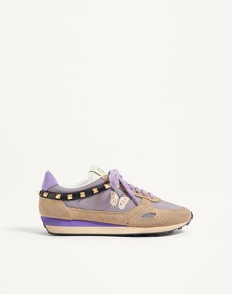Valentino Garavani Stud Up Trainer In Split Leather And Nylon With Butterfly Embroidery Wo