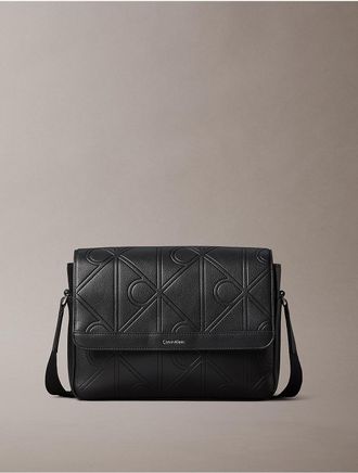 Calvin Klein Mens Allover Embossed Emblem Messenger Bag - Black