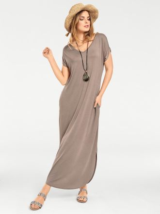 Heine Shirtkleid HEINE Shirtkleid, Damen, Gr. 34, Normalgr&ouml;ssen, beige (sand), 95% Viskose, 5% Elasthan, unifarben, lang, V-Ausschnitt, Kleider Shirtkleid