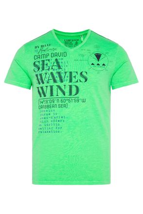 Camp David Mens T-Shirt with V-Neck and Wording Prints, electric green, L