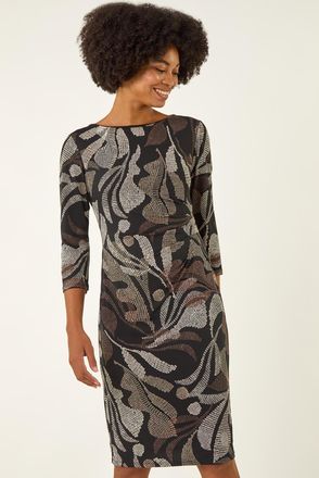 Roman Abstract Print Ruched Midi Stretch Dress