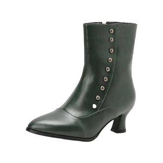Generic Womens Casual Mid Calf Boots Pointed Toe High Square Heel With Side Zipper Rivet Detail And Platform Daily Booties