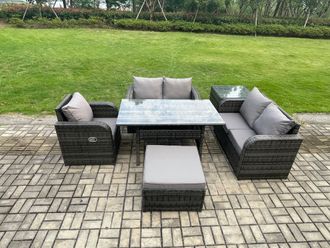 Fimous Lounge Rattan Sofa Set Outdoor Garden Furniture Oblong Rectangular Dining Table With Chairs Big Footstool Side Table in Dark Grey