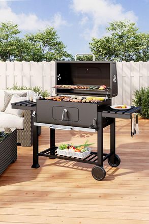 Living and Home Portable Outdoor Carbon Steel Charcoal BBQ Grill, Large Barbecue Stove Smoker w/ Warming Rack & Thermometer & Mobile Wheels for