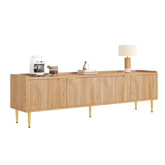 STILVORA Mueble Tv Con 2 Puertas 3d Y Gesti&oacute;n De Cables, Tiradores Y Patas Doradas, En Mdf, 170&times;35&times;47,5 Cm, Natural