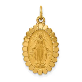 Diamond2Deal 14k Yellow Gold and Satin Solid Miraculous Medal Scalloped Edge Oval Pendant