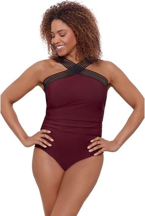 Aqua Green High Criss Cross Neck Full Coverage Novelty Trim One-Piece Swimsuit in Currant at Nordstrom, Size X-Large