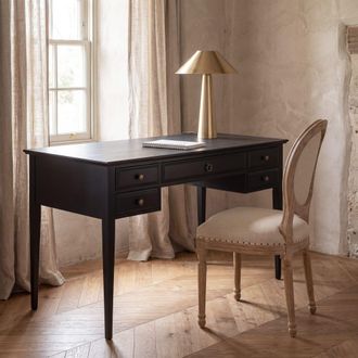 Maisons du monde Escritorio cl&aacute;sico 132 cm, madera negra mate y tiradores de lat&oacute;n