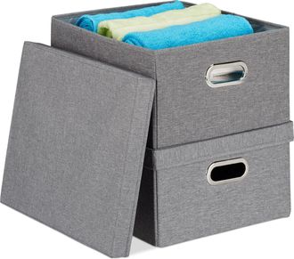 Relaxdays Set De 2 Cajas De Almacenaje Con Tapa, Cestas Organizadoras, Tela, 25 L Cada Una, 20,5 X 34,5 X 42 Cm, Gris - Relaxdays