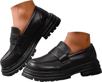 Generic Loafers for Women Leather Chunky Platform Lug Sole Slip On Loafer Classic Round Toe Comfortable Dressy Business Casual Work Shoes Womens Orthopedic Lo