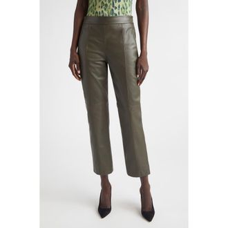 St. John Crop Leather Straight Leg Pants in Olive at Nordstrom, Size 12