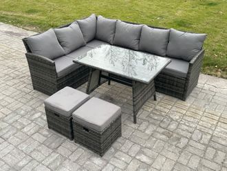 Fimous Wicker Rattan Garden Furniture Corner Sofa Set with Oblong Dining Table 2 Small Footstools 8 Seater in Dark Grey