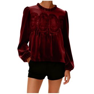Generic Velvet Tops for Women Womens Velvet Lace Tops Plus Size Casual Round Neck Mesh Shirts Long Sleeve Flared Swing Blouse Hem Patchwork Peplum Top Elegant