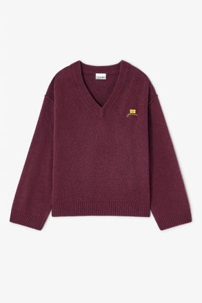 Ganni Burgundy Red Wool Mix V-neck Jumper - Size XXS/XS
