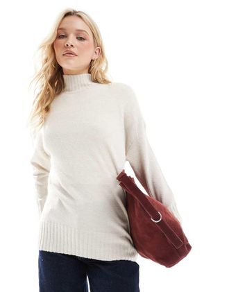 Only high neck ribbed longline sweater in cream-White
