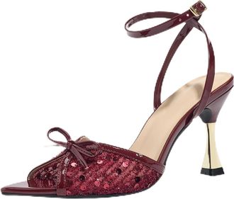 Generic Heel Sandals for Women 9CM Sexy Ankle Strap Mesh Sequins Pointed Toe Bow Party Dress Heel Wedding Evening (10.5,Red)