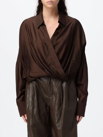 Eleh Relaxed Fit V-Neck Cr&ecirc;pe Blouse with Long Sleeves and a Classic Collar