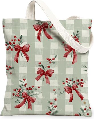 Generic Christmas Bows Canvas Tote Bags, Floral Pattern Reusable Grocery Bags, Vintage Lightweight Washable Shoulder Strap for Trav, Green, 13x15 Inch