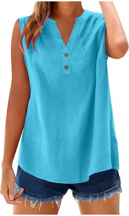 Generic Cotton Linen Tank Tops for Women UK Casual Sleeveless Button V Neck Henley Shirts 2026 Spring Summer Lightweight Loose Fit Vest Comfy Solid Color Goin