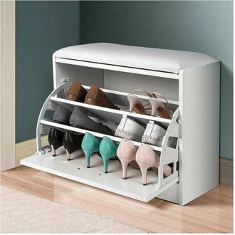 Trade Shop Trade Shop - Scarpiera Panca 1 Anta Tripla Profondita Con Seduta Eco Pelle Bianco 60x30x48 Cm