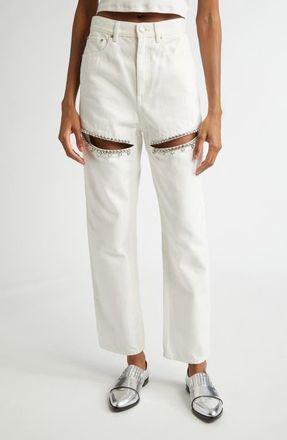 Area Crystal Slit Straight Leg Jeans in White at Nordstrom, Size 27