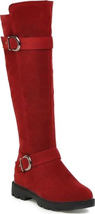 Generic Womens Knee High Riding Boots with Buckle Strap Side Zipper Comfort Round Tow Hidden Wedge Heel Winter Dress Shoes (5.5,Red)
