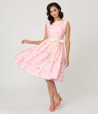 Unique Vintage Sleeveless Belted Swing Dress in Pink Princess Print at Nordstrom, Size X-Large