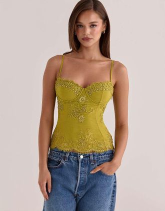 House of CB Soraya top impreziosito con perline applicate a mano personalizzato, edizione limitata, chartreuse-Verde