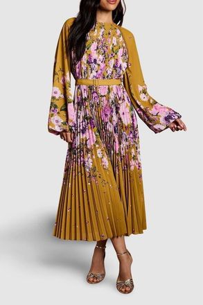 Coast Floral Pleated Georgette Midi Dress in Mustard at Nordstrom, Size 8