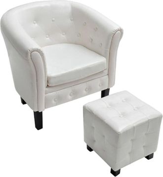 vidaXL Sillón con taburete cuero sintético blanco Vidaxl