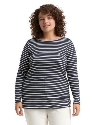Tom Tailor Langarmshirt TOM TAILOR PLUS, Damen, Gr. 44, weiss (navy sanftes wei&szlig; tee stripe), Single Jersey, Obermaterial: 97% Baumwolle, 3% Elasthan, gestreift,