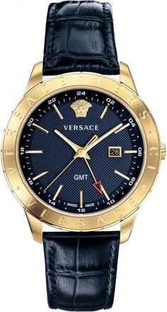 Versace Univers GMT blauw goud leren horloge - Heren - Horloges - Geel - ONE Size - Accessoires