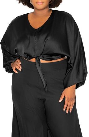 Buxom Couture Tie Front Long Sleeve Satin Blouse in Black at Nordstrom, Size 1 X