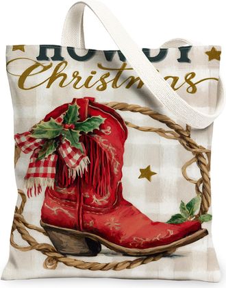 Generic Christmas Boot Canvas Tote Bags, Rustic Western Design Reusable Grocery Bags, Lightweight Washable Shoulder Strap Canvas Fo, Red, 13x15 Inch
