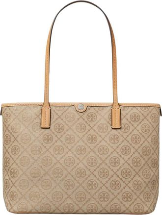 Tory Burch Beige T Monogram Top Zip Small Tote