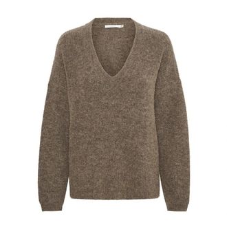 Gestuz Zachte V-hals Pullover Donker Zand Melange - Dames - V-hals truien - Bruin - M - Wol - Truien & Vesten