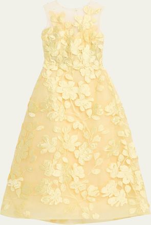 Monique Lhuillier Sleeveless Floral Tulle Illusion Tea-Length Dress