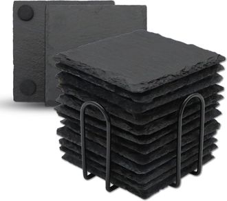 No Brand 12 Posavasos Cuadrados De Pizarra - Piedra Natural Negra De 10 Cm - Con Soporte Met&aacute;lico - Grabables Con L&aacute;ser - Base Antiara&ntilde;azos - Para Decoraci&oacute;n D