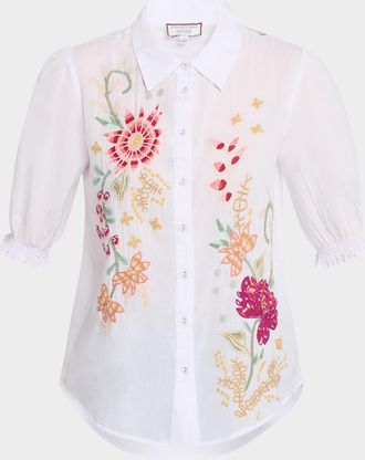 Johnny Was Lisbon Floral-Embroidered Cotton Shirt