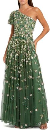 Mac Duggal Floral Embellished Mesh One Shoulder Gown in Sage at Nordstrom, Size 14
