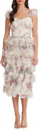 Dress The Population Kristen Flutter Sleeve Ruffle Tier Dress In Ivory Multi