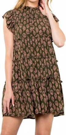 THML Clothing Alana Print Tiered Dress In Dark Olive & Rosewood