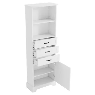 STILVORA Armario De Ba&ntilde;o Con 3 Cajones, Estantes Abiertos Y 1 Puerta, Estante Ajustable, En Mdf, 56 X 25.6 X 167 Cm, Blanco